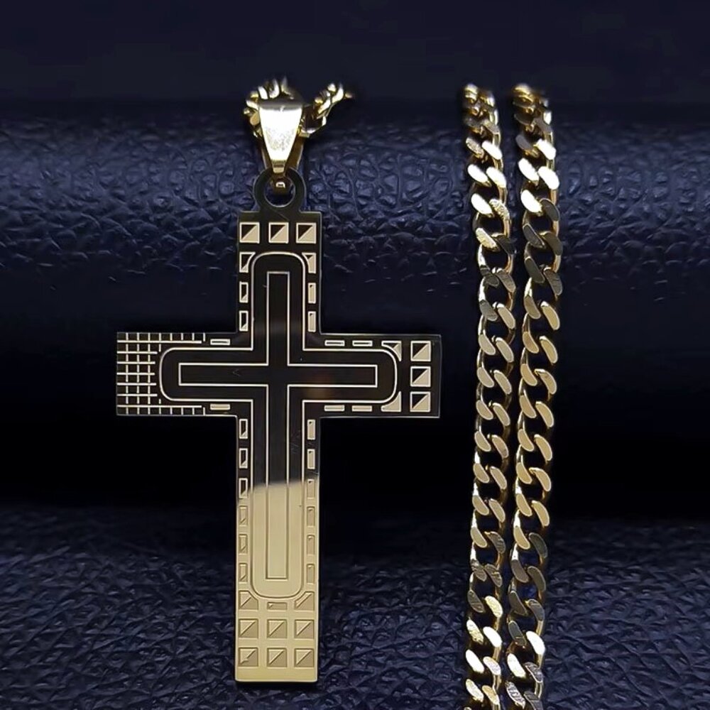 Geometric Design Crucifix Necklace Stainless Steel Gold Color Pendant 19" Chain